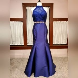 Cobalt Blue Halter Two Piece Mermaid Gown